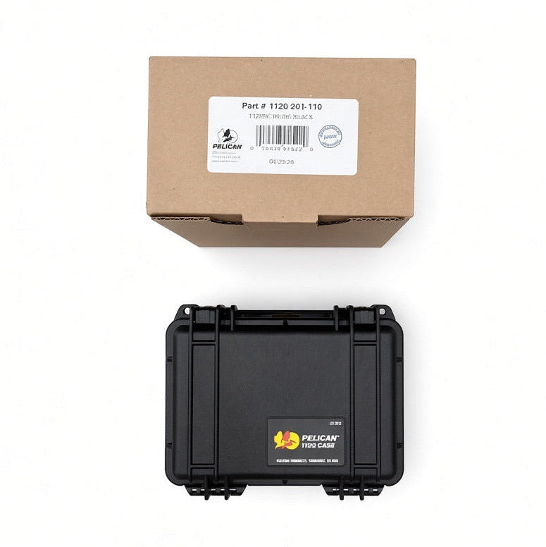 Black Pelican 1120 storage case for Lucky 7 rear racks, shown with its box