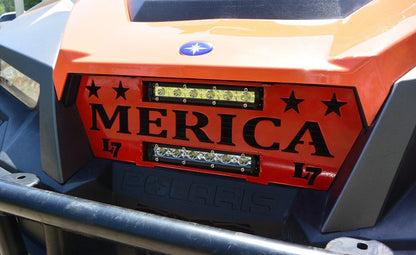 Orange Merica dual LED Lucky 7 grille installed on a Polaris General 1000