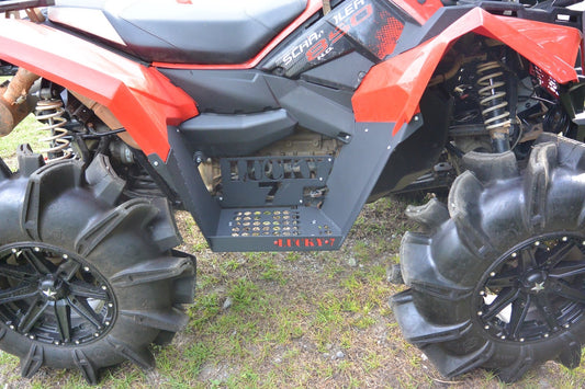 Close-up of Lucky 7 metal floorboards on a Scrambler 850
