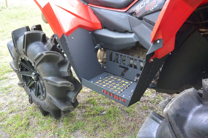 Lucky 7 logo cutout on Scrambler 850 metal floorboards