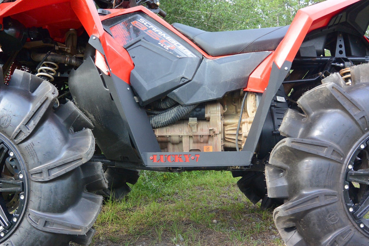 Side view of Lucky 7 metal floorboards on a Scrambler 850