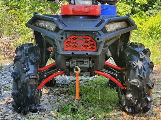 Red Punisher Lucky 7 grille on a Polaris Sportsman 450 570