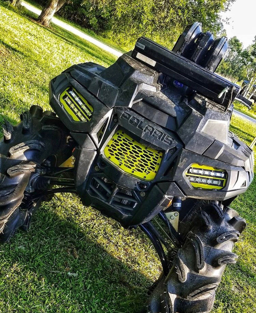 Lime Squeeze Lucky 7 custom mesh grille on a Polaris Sportsman High Lifter