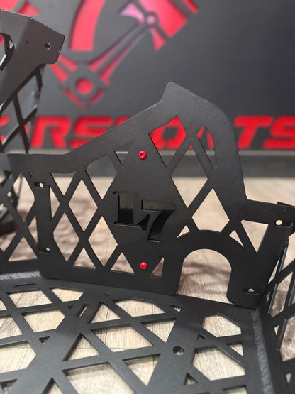 L7 logo cutout on Lucky 7 Motorsports Polaris Sportsman High Lifter Race Cut floorboards with red accent bolts