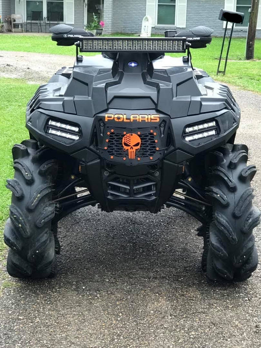 Polaris Sportsman with orange Punisher grille installed by Lucky 7 Motorsports