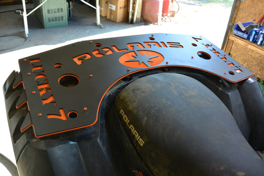 Lucky 7 Polaris Sportsman rear rack with Polaris star logo in orange