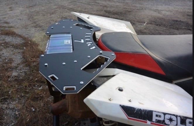 Side view of a Lucky 7 Polaris Sportsman rear rack with storage case