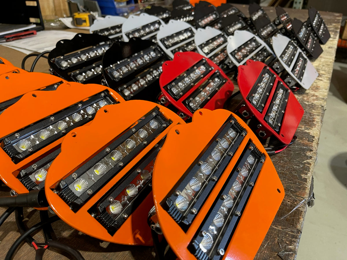Lucky 7 Motorsports dual slim row LED lights in orange, red, grey, and black