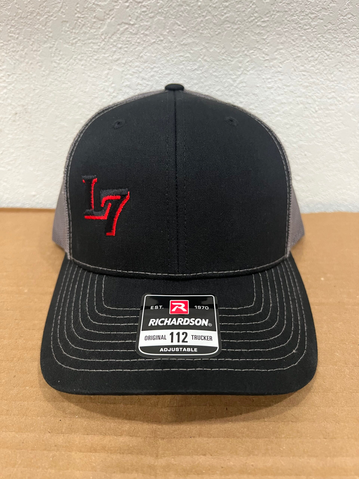 Richardson 112 Lucky 7 trucker hat in black and grey