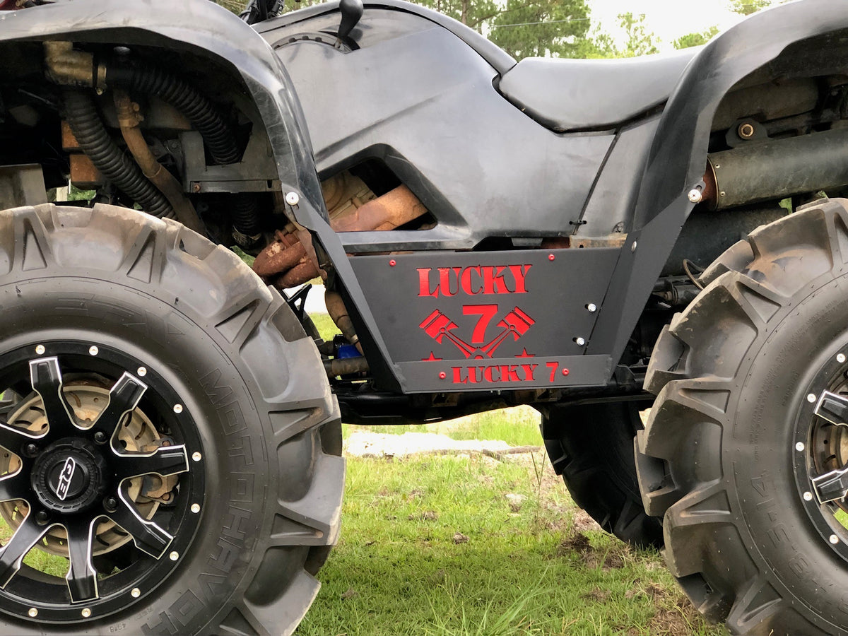 Lucky 7 custom logo on Yamaha Grizzly high-clearance metal floorboards