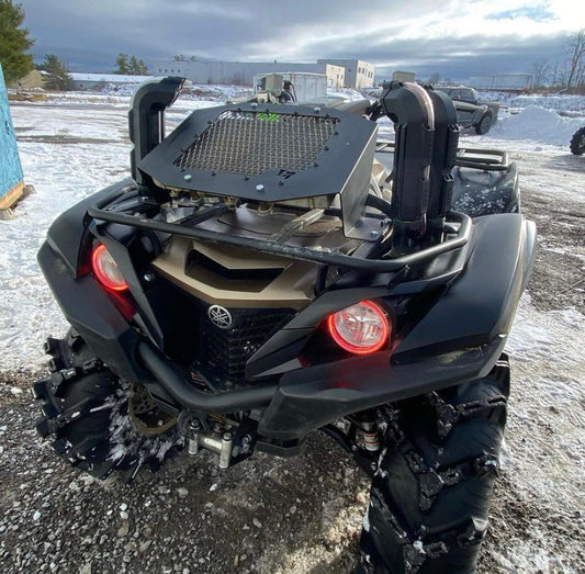 Lucky 7 Yamaha Grizzly Kodiak low profile mesh radiator relocation kit installed front view