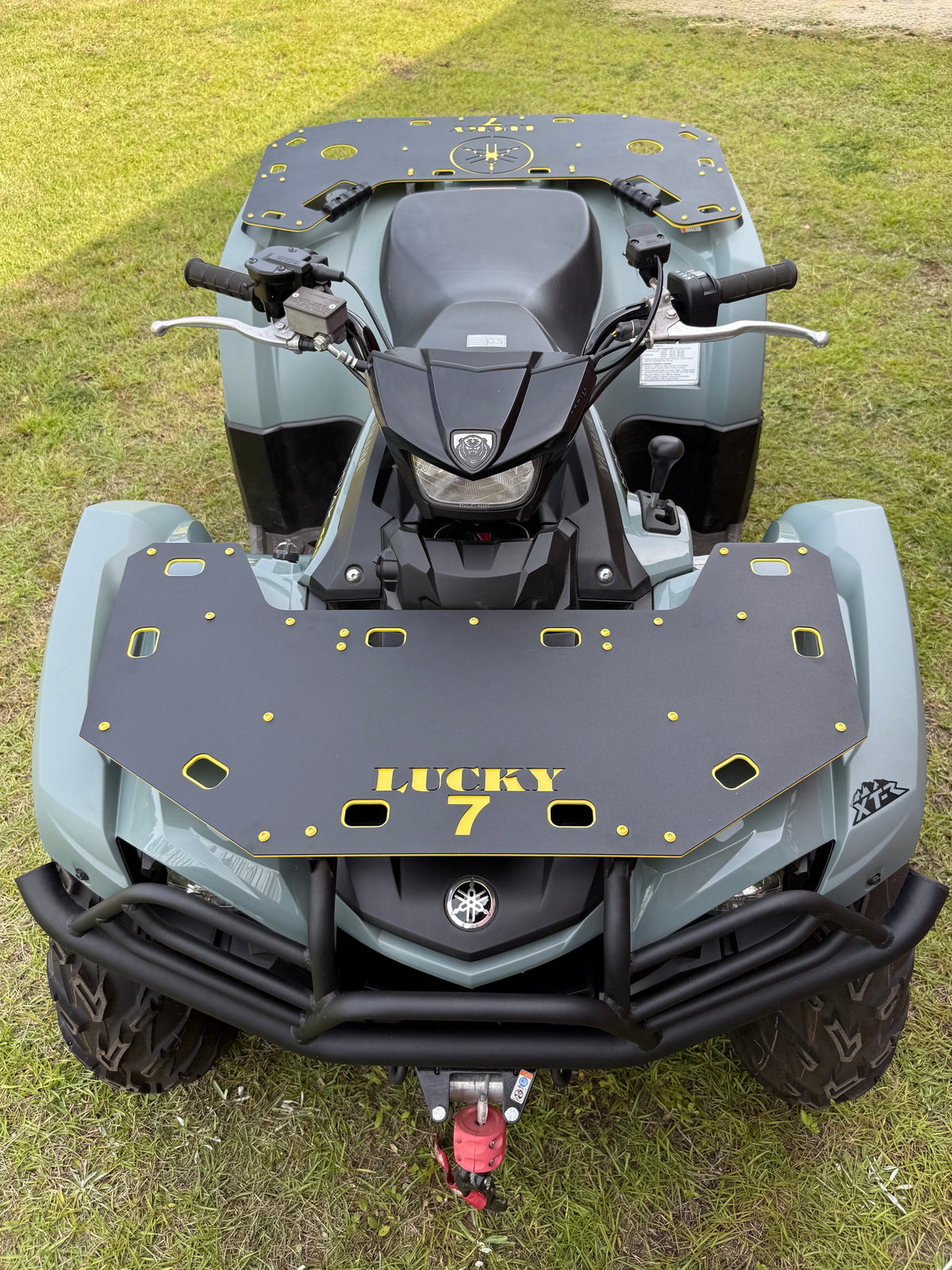 Top view of Lucky 7 Motorsports front and rear rack on Yamaha Kodiak 450 - black powder coat with yellow LUCKY 7 lettering