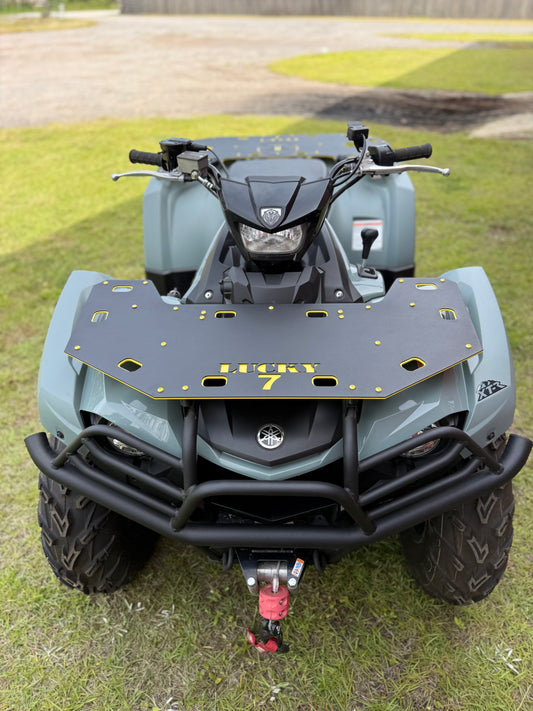 Yamaha Kodiak 450 with Lucky 7 Motorsports front rack installed - black powder coat with yellow accents